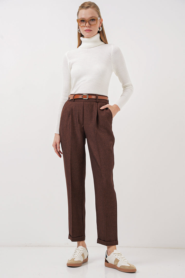 Bigdart 6686 Pantalon en tissu à plis et ceinture pour femme - Marron