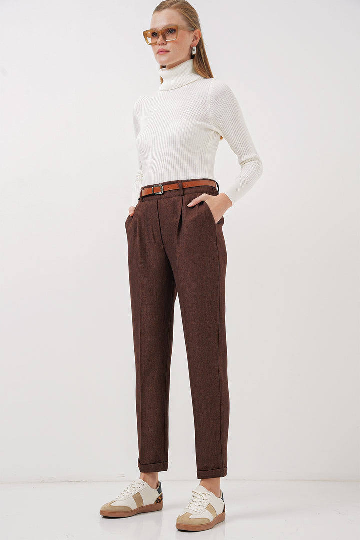Bigdart 6686 Pantalon en tissu à plis et ceinture pour femme - Marron
