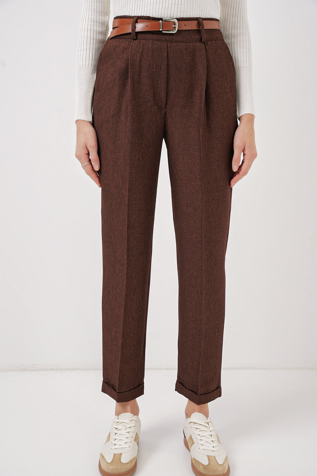 Bigdart 6686 Pantalon en tissu à plis et ceinture pour femme - Marron
