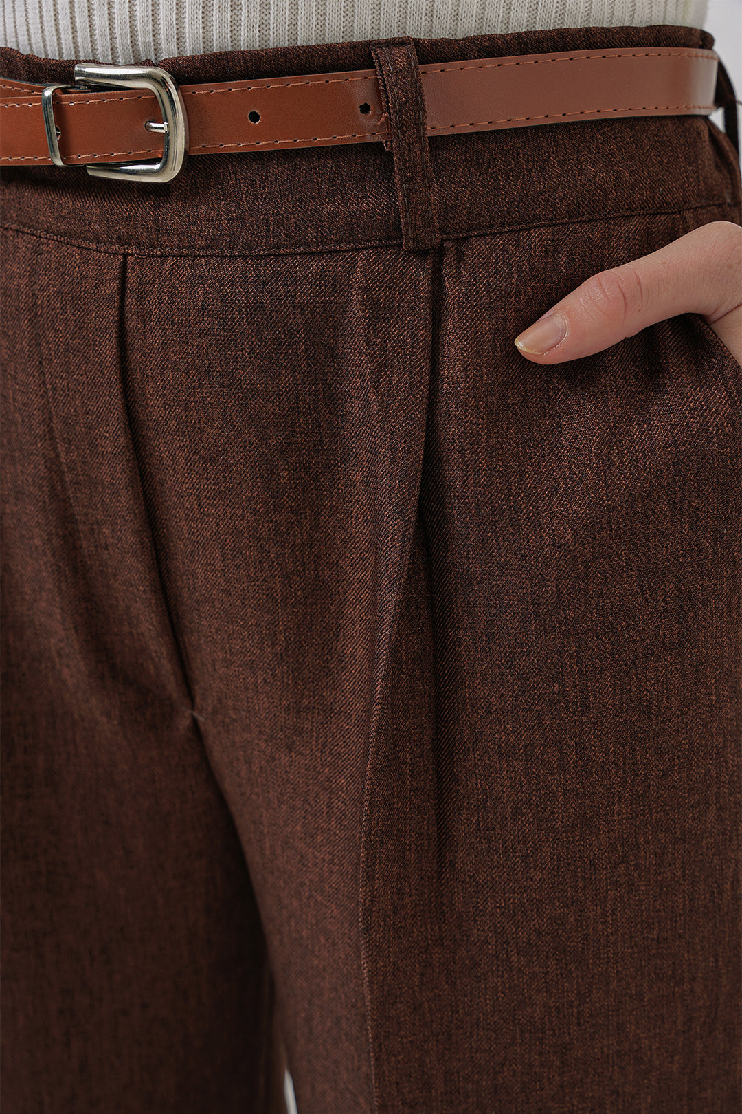 Bigdart 6686 Pantalon en tissu à plis et ceinture pour femme - Marron