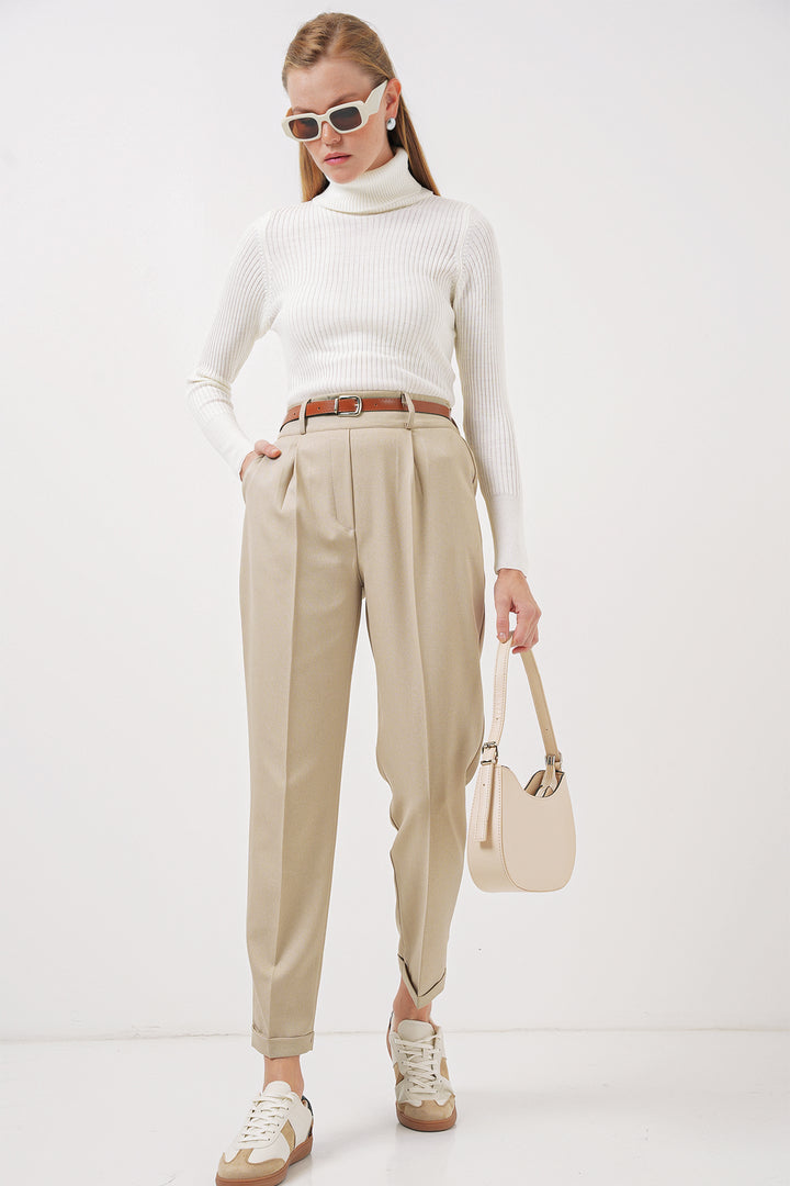 Bigdart 6686 Pantalon en tissu plissé avec ceinture pour femme - Crème