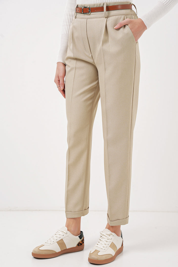 Bigdart 6686 Pantalon en tissu plissé avec ceinture pour femme - Crème