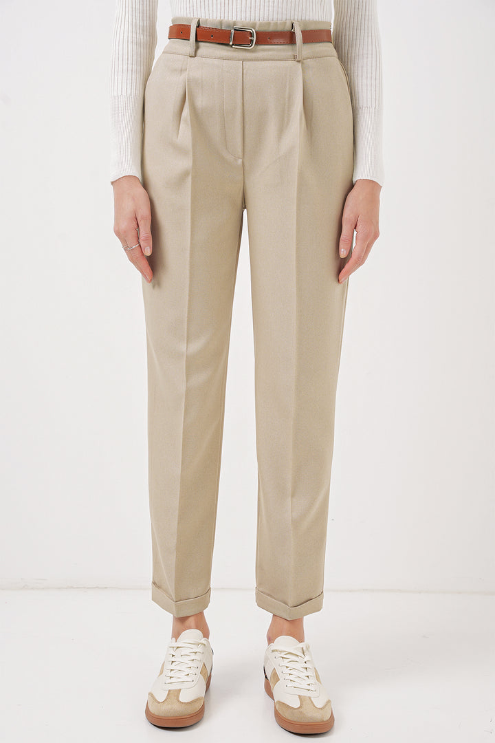 Bigdart 6686 Pantalon en tissu plissé avec ceinture pour femme - Crème