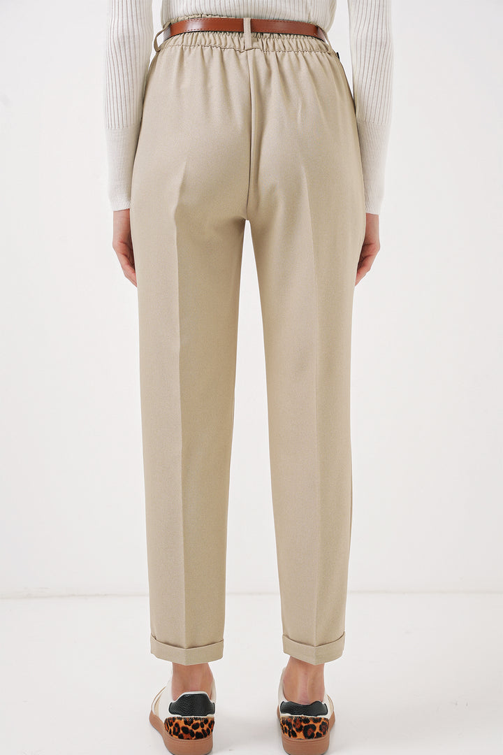Bigdart 6686 Pantalon en tissu plissé avec ceinture pour femme - Crème