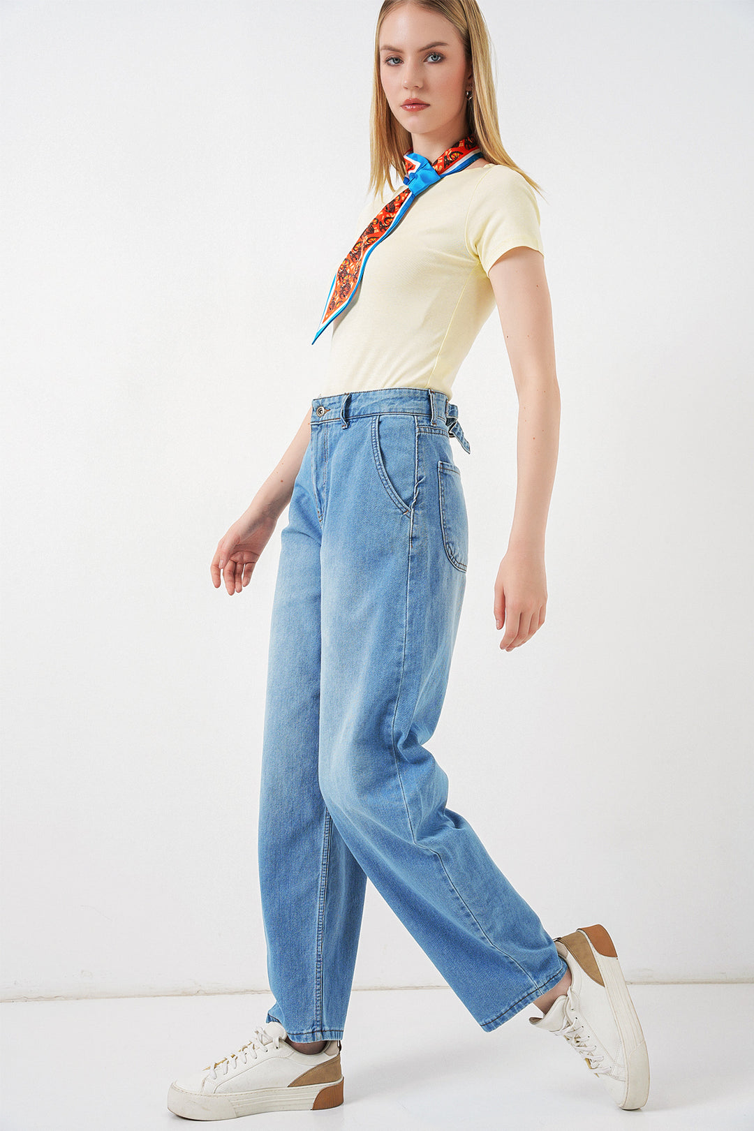 Bigdart Pantalon en jean baggy taille haute femme 6689 - Bleu clair
