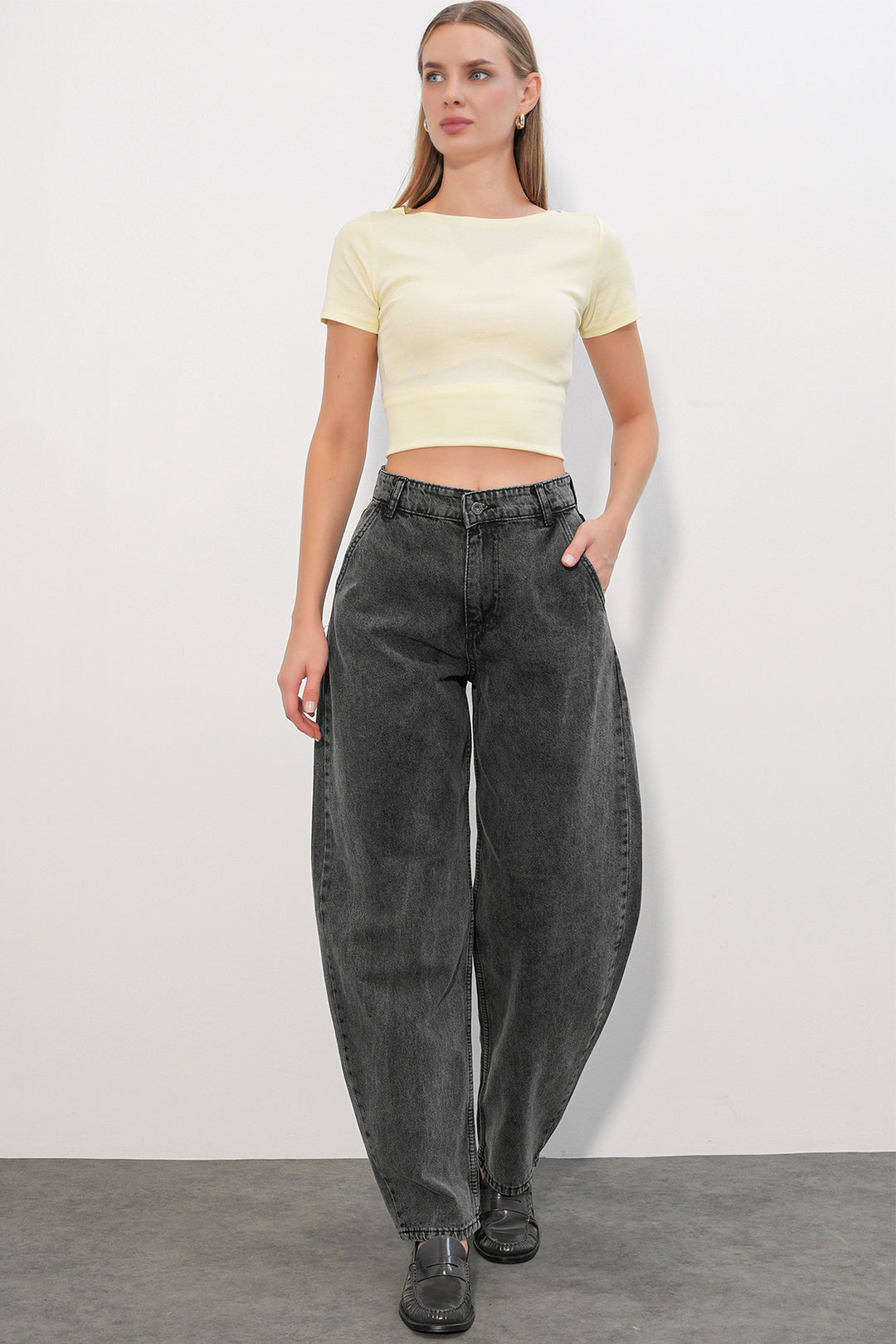 Bigdart 6689 Pantalon en jean baggy taille haute pour femme - Anthracite
