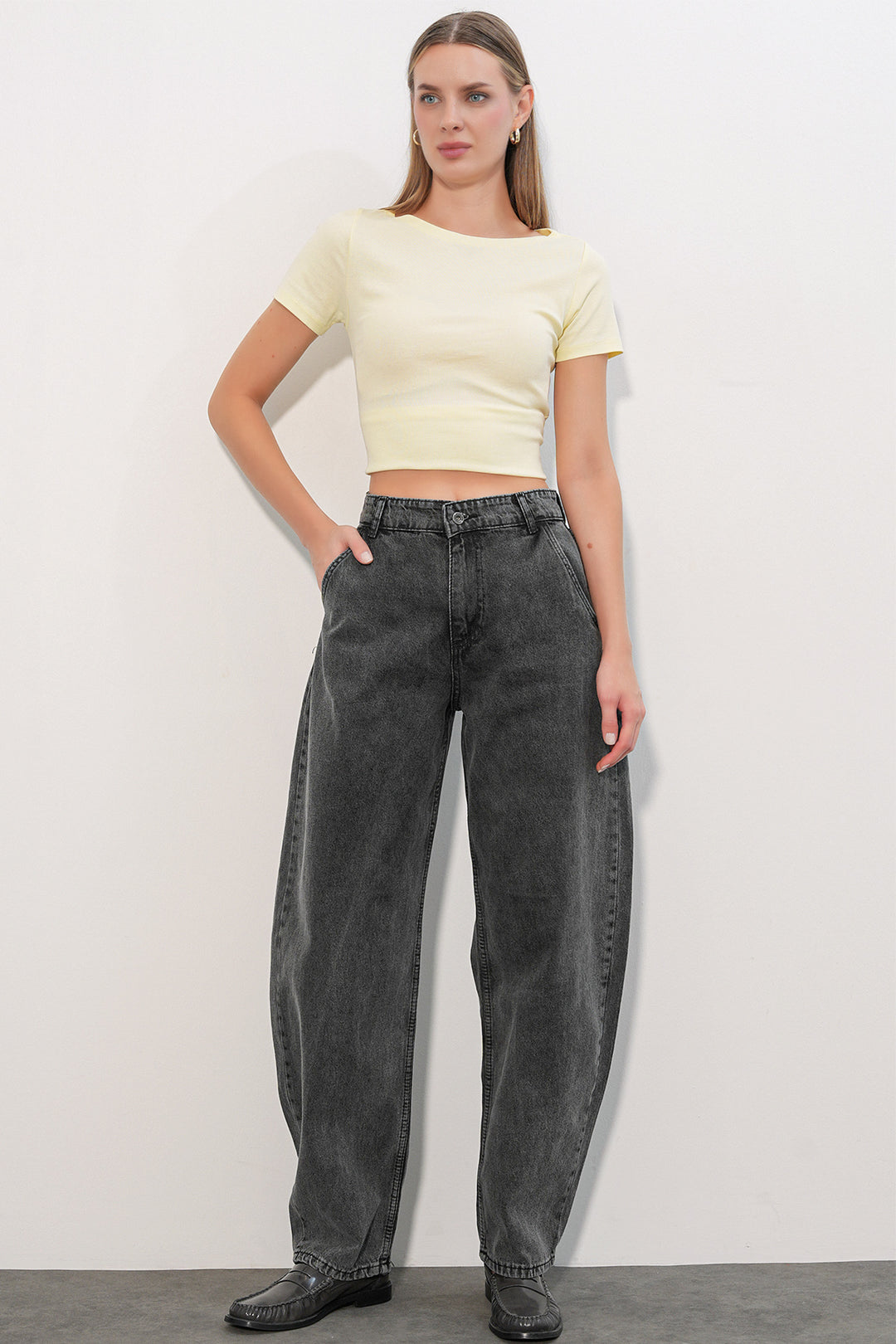 Bigdart 6689 Pantalon en jean baggy taille haute pour femme - Anthracite