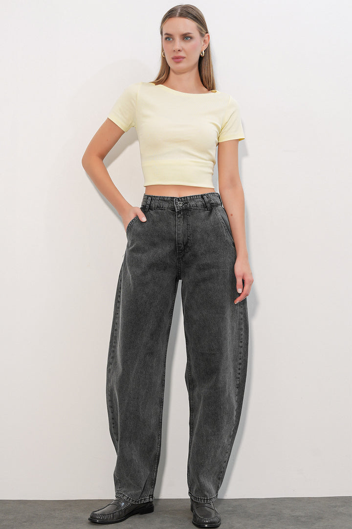 Bigdart 6689 Pantalon en jean baggy taille haute pour femme - Anthracite