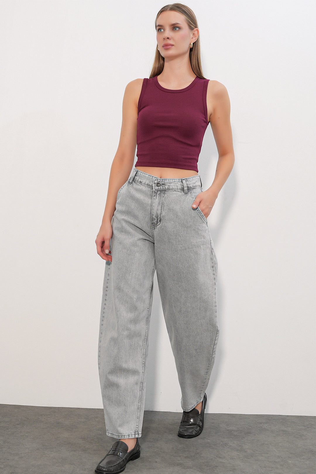 Bigdart 6689 Pantalon en jean baggy taille haute pour femme - Gris