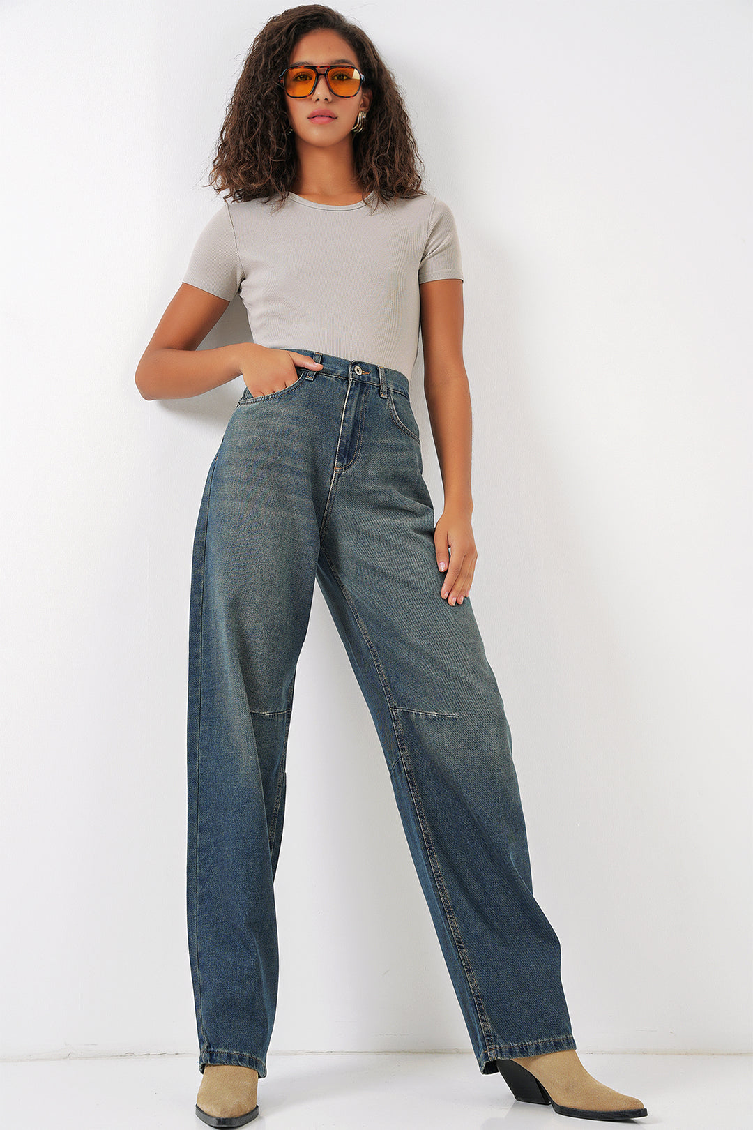 Bigdart 6689 Pantalon en Jean Baggy Taille Haute pour Femme - Indigo