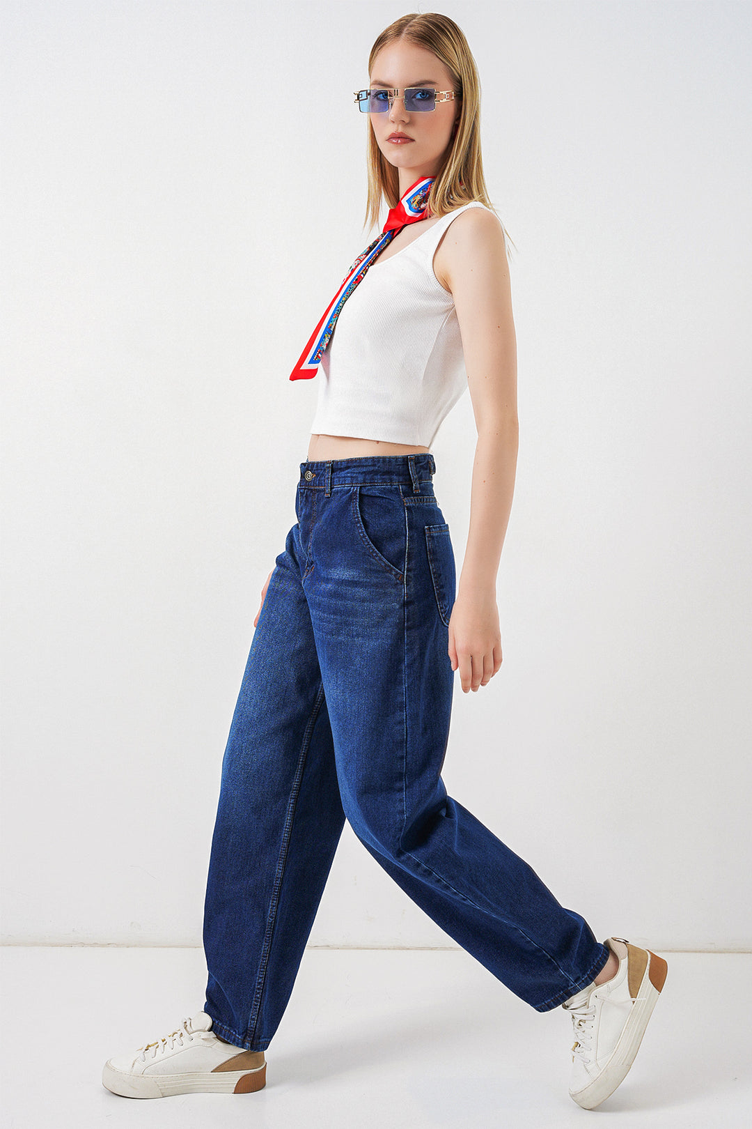 Bigdart 6689 Pantalon en Jean Baggy Taille Haute pour Femme - Bleu marine