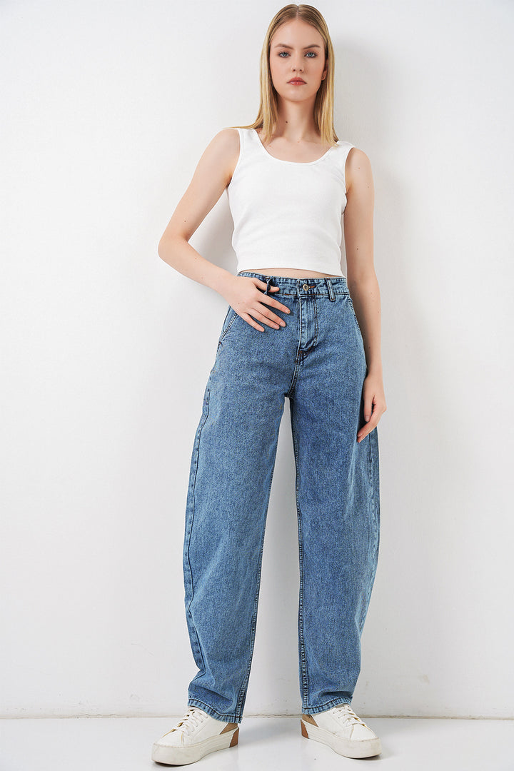 Bigdart Pantalon en jean baggy taille haute femme 6689 - Bleu