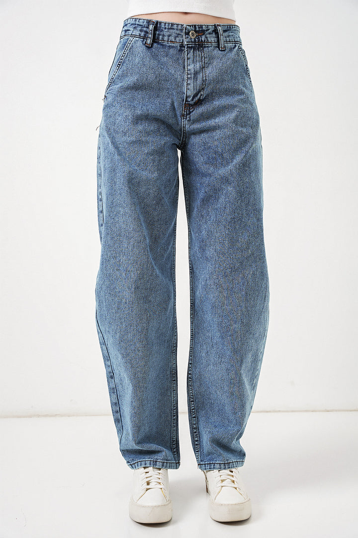 Bigdart Pantalon en jean baggy taille haute femme 6689 - Bleu