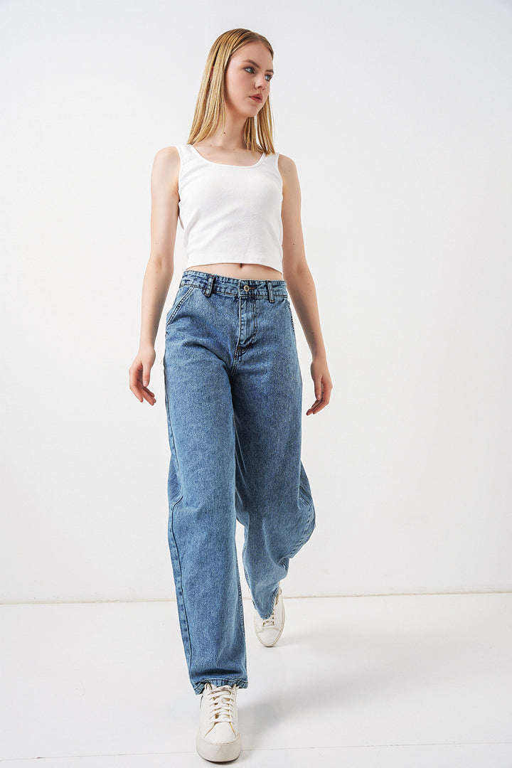 Bigdart Pantalon en jean baggy taille haute femme 6689 - Bleu