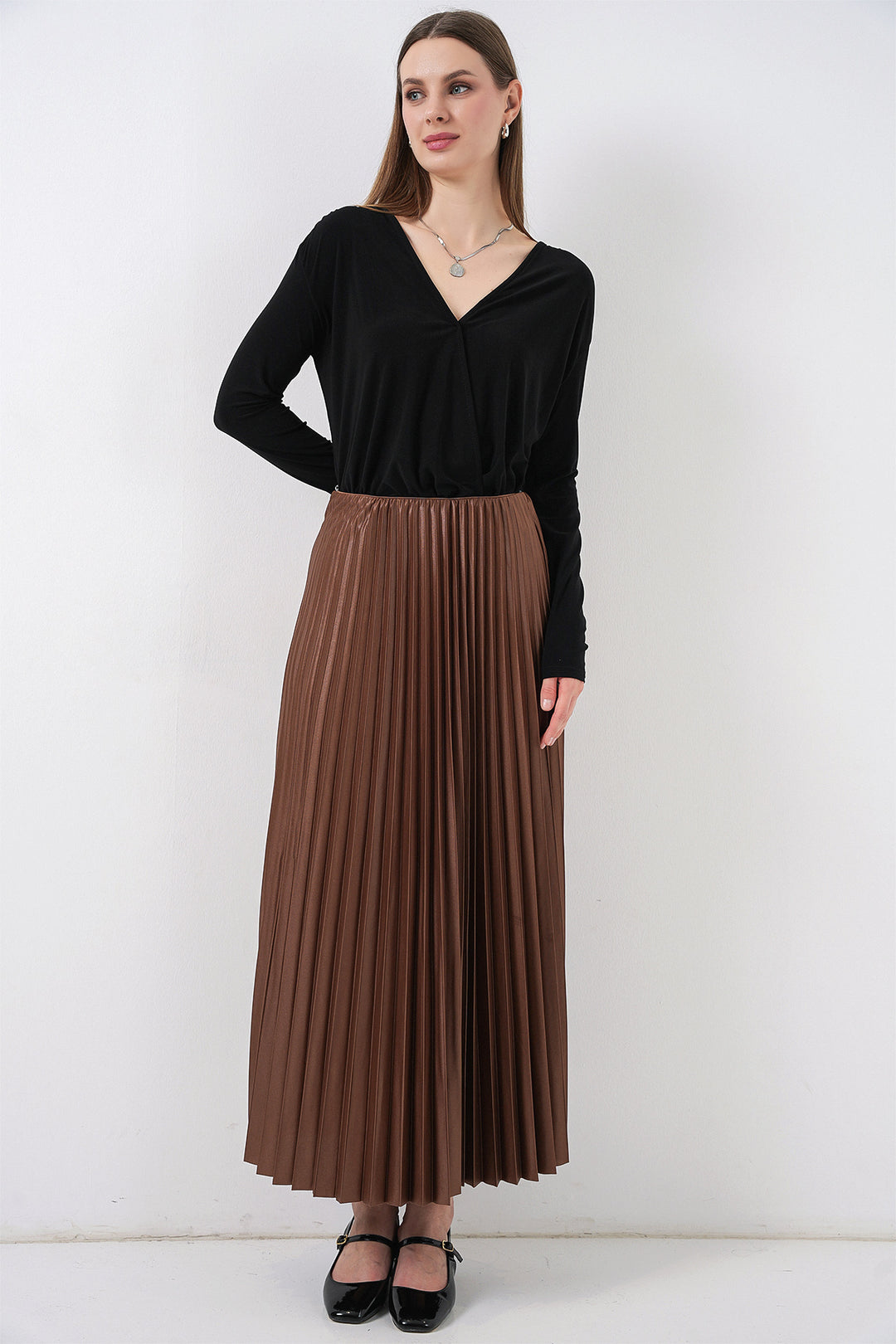 Bigdart 8009 Jupe plissée en simili cuir - Marron
