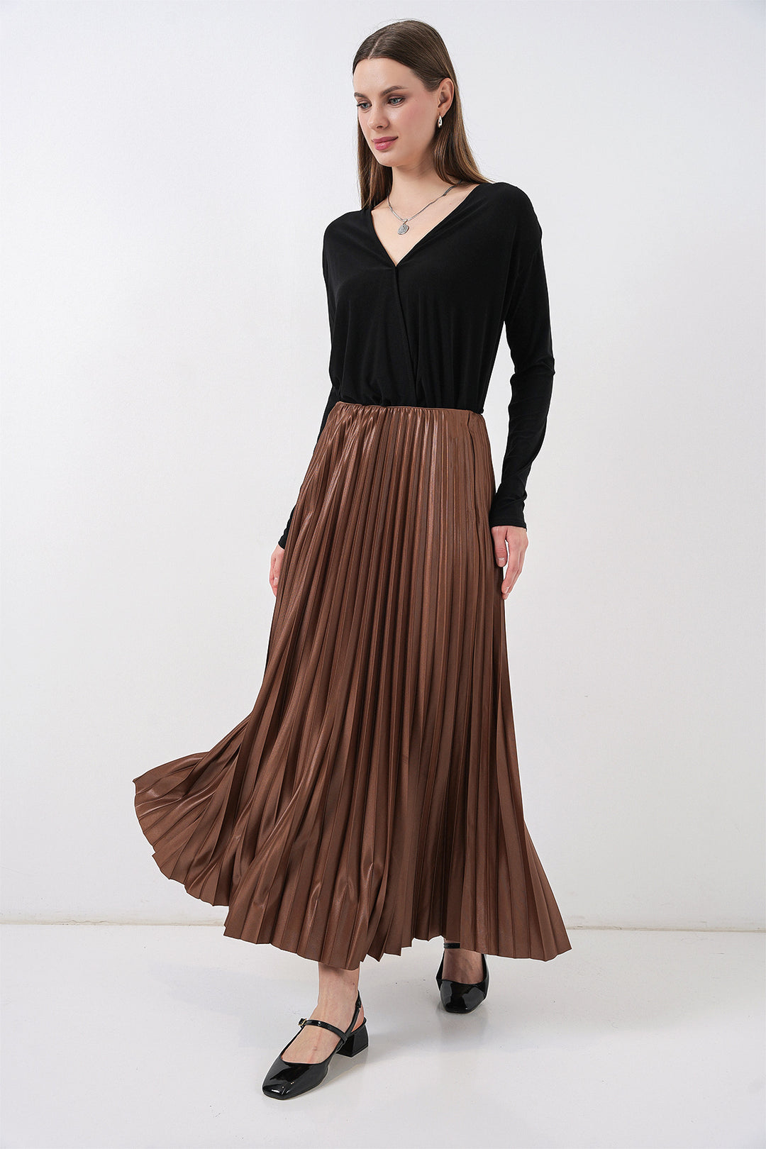 Bigdart 8009 Jupe plissée en simili cuir - Marron