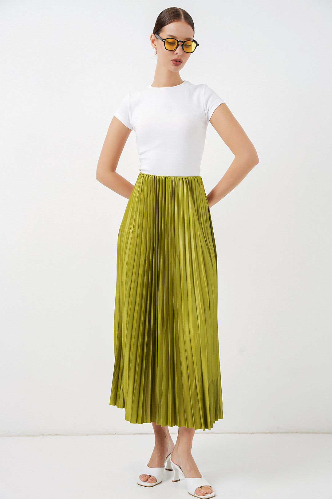 Bigdart Jupe plissée en simili cuir 8009 - Vert huile
