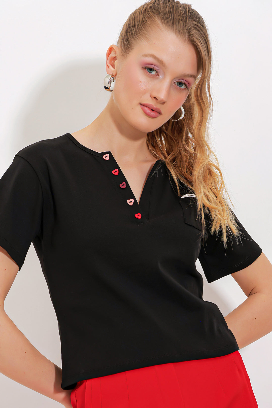 Bigdart T-shirt à boutons noirs à manches courtes pour femme 903 - Noir