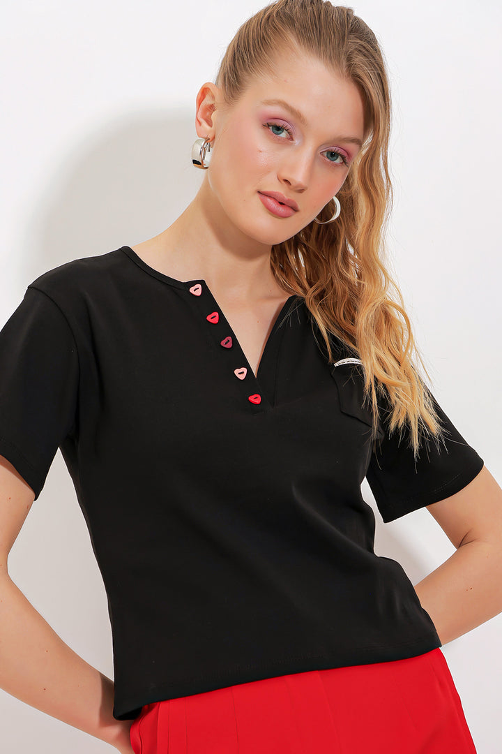 Bigdart T-shirt à boutons noirs à manches courtes pour femme 903 - Noir