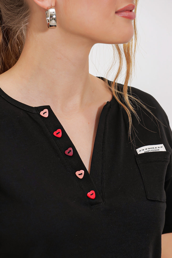Bigdart T-shirt à boutons noirs à manches courtes pour femme 903 - Noir