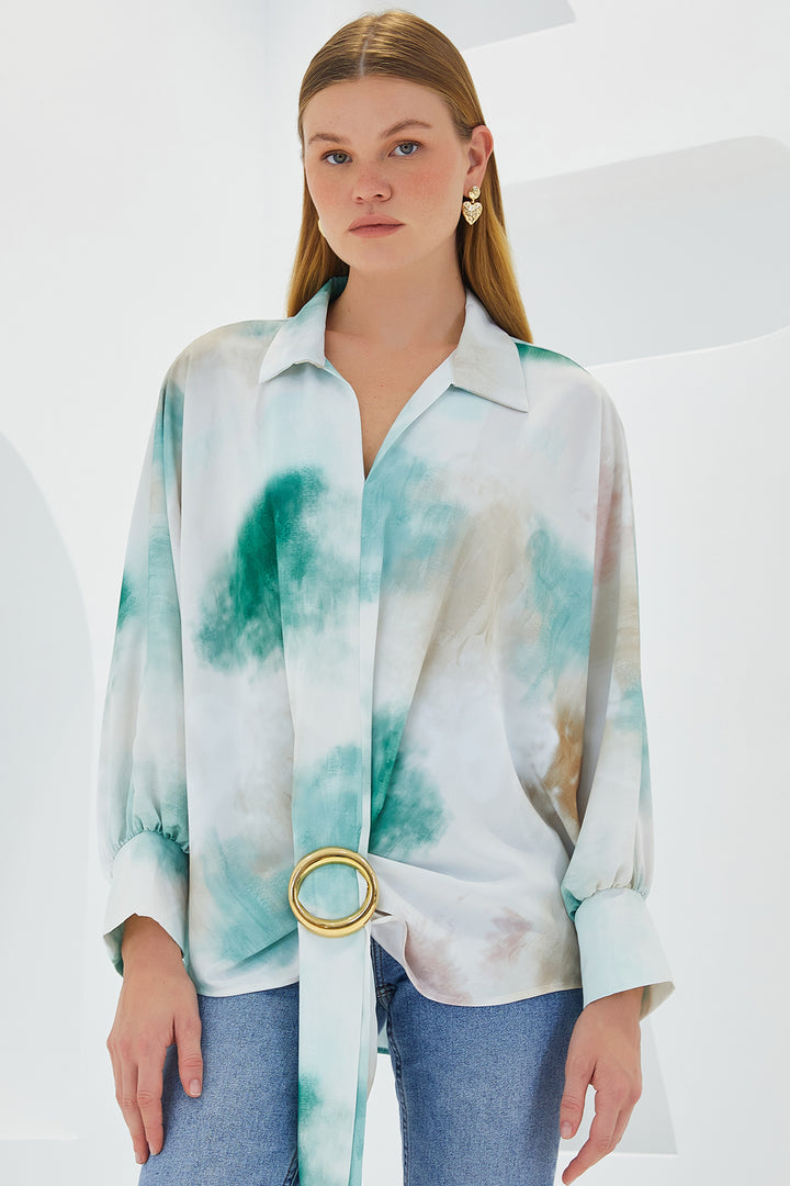Bigdart Chemise en satin oversize drapée écru et verte pour femme 907