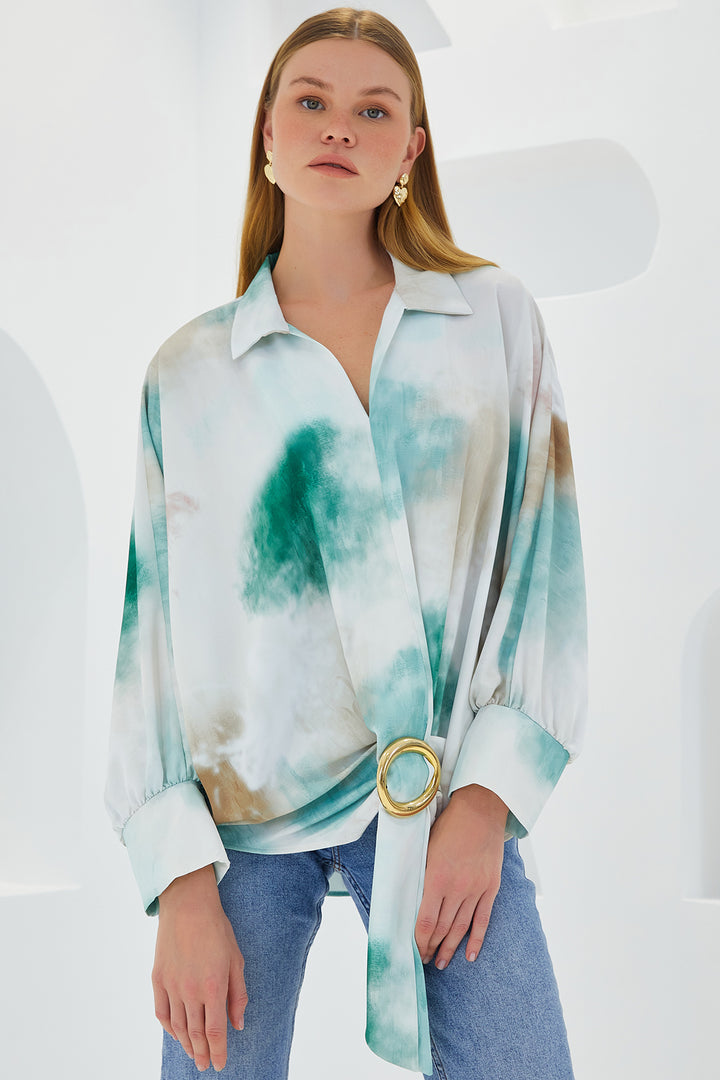 Bigdart Chemise en satin oversize drapée écru et verte pour femme 907