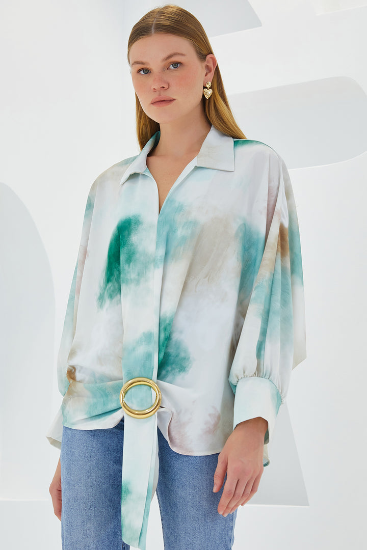 Bigdart Chemise en satin oversize drapée écru et verte pour femme 907