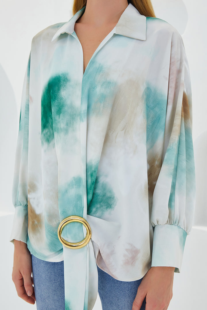 Bigdart Chemise en satin oversize drapée écru et verte pour femme 907