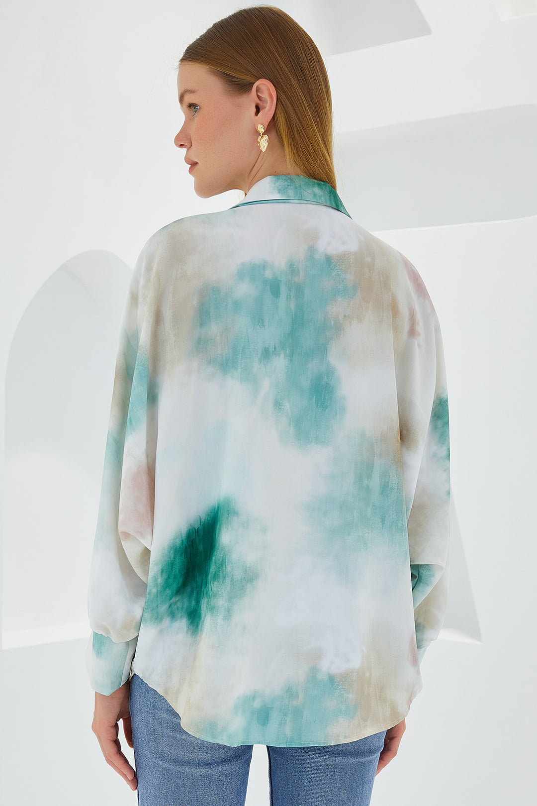 Bigdart Chemise en satin oversize drapée écru et verte pour femme 907