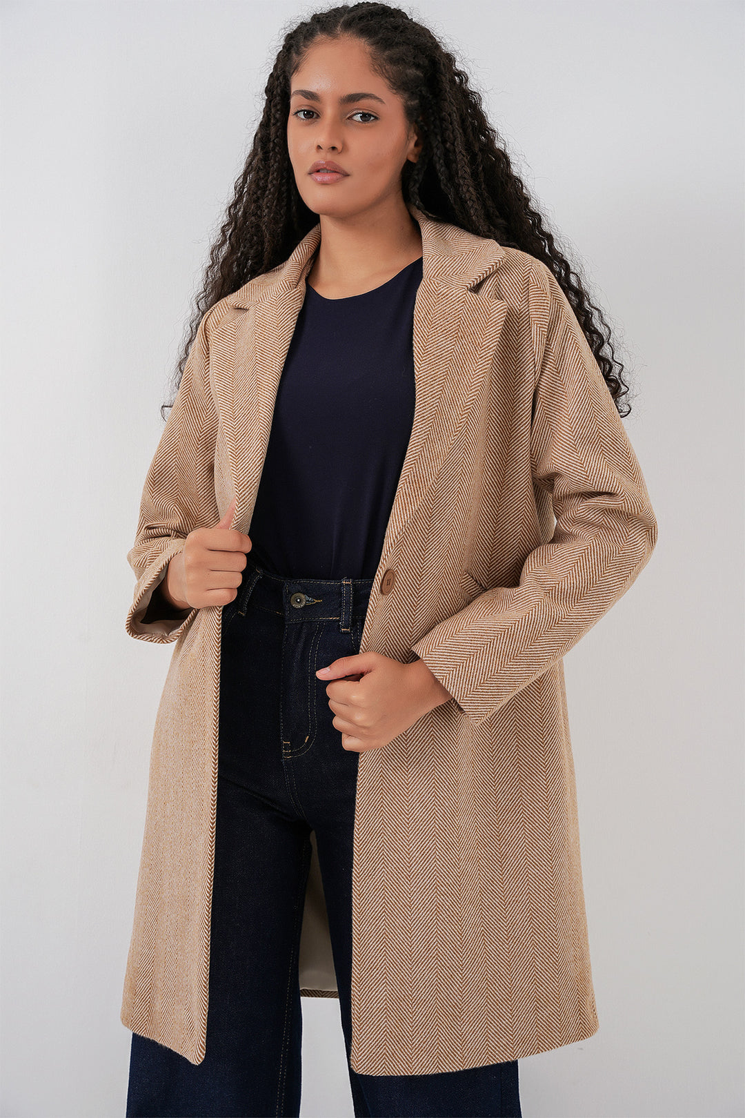 Bigdart 9085 Manteau en laine à motif chevron - Camel