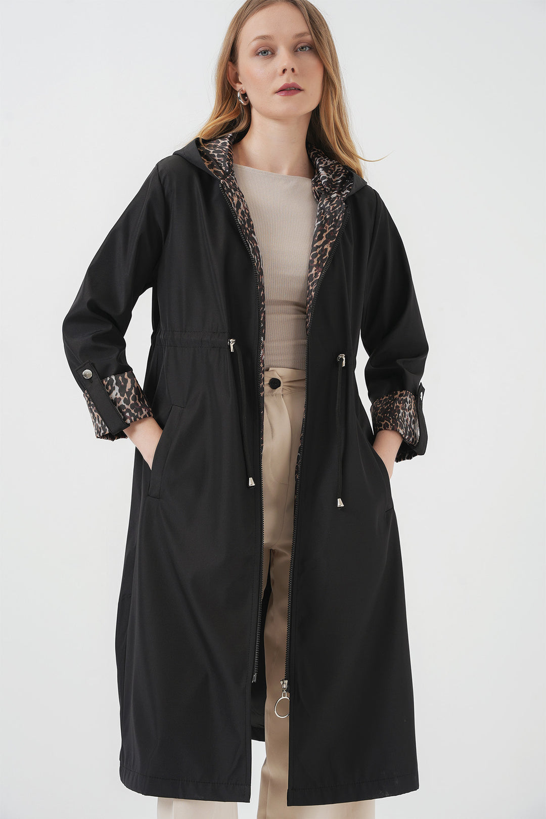 Bigdart 9091 Trench à capuche avec taille froncée - Noir
