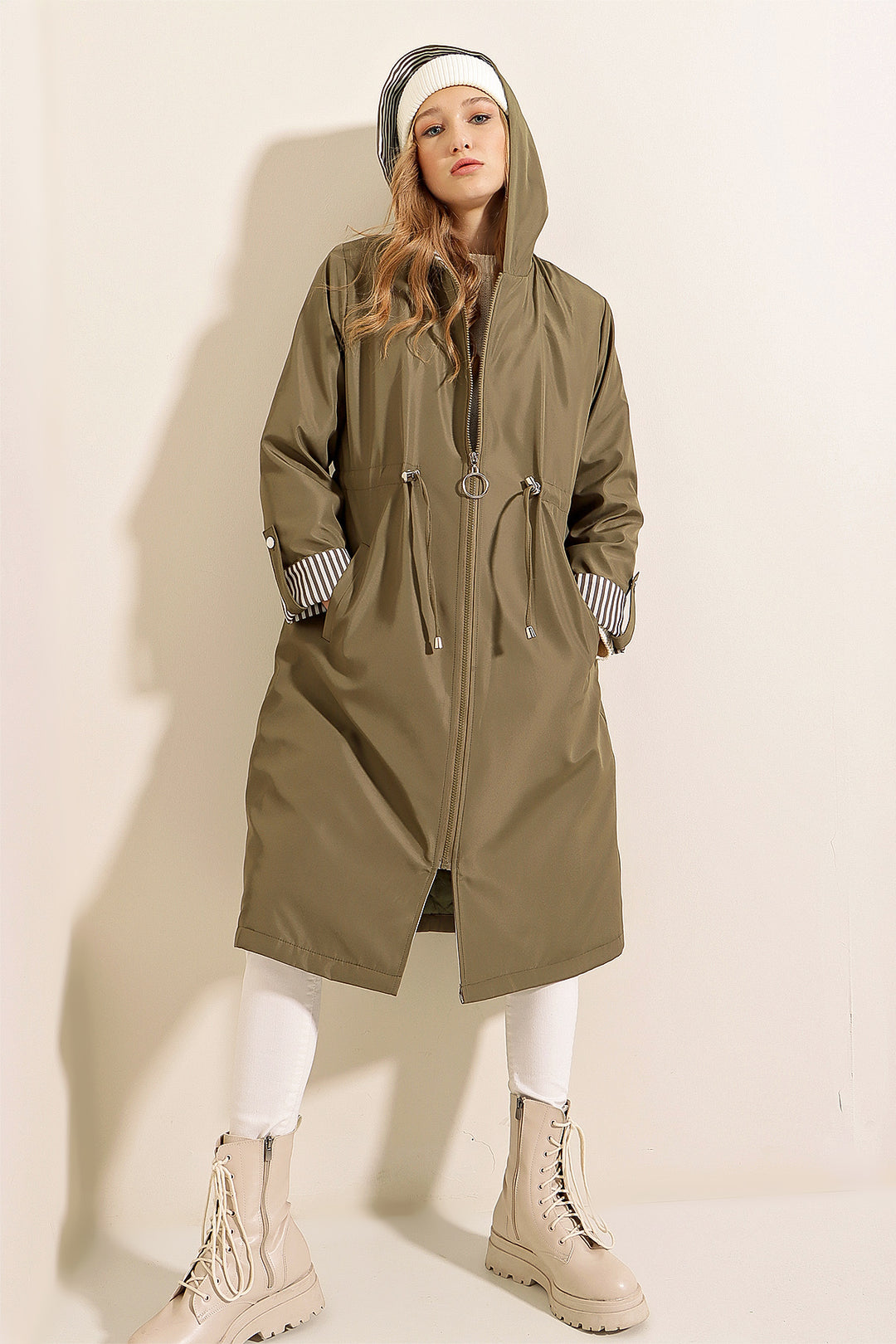 Bigdart 9091 Manteau trench à capuche avec cordon de serrage - Kaki