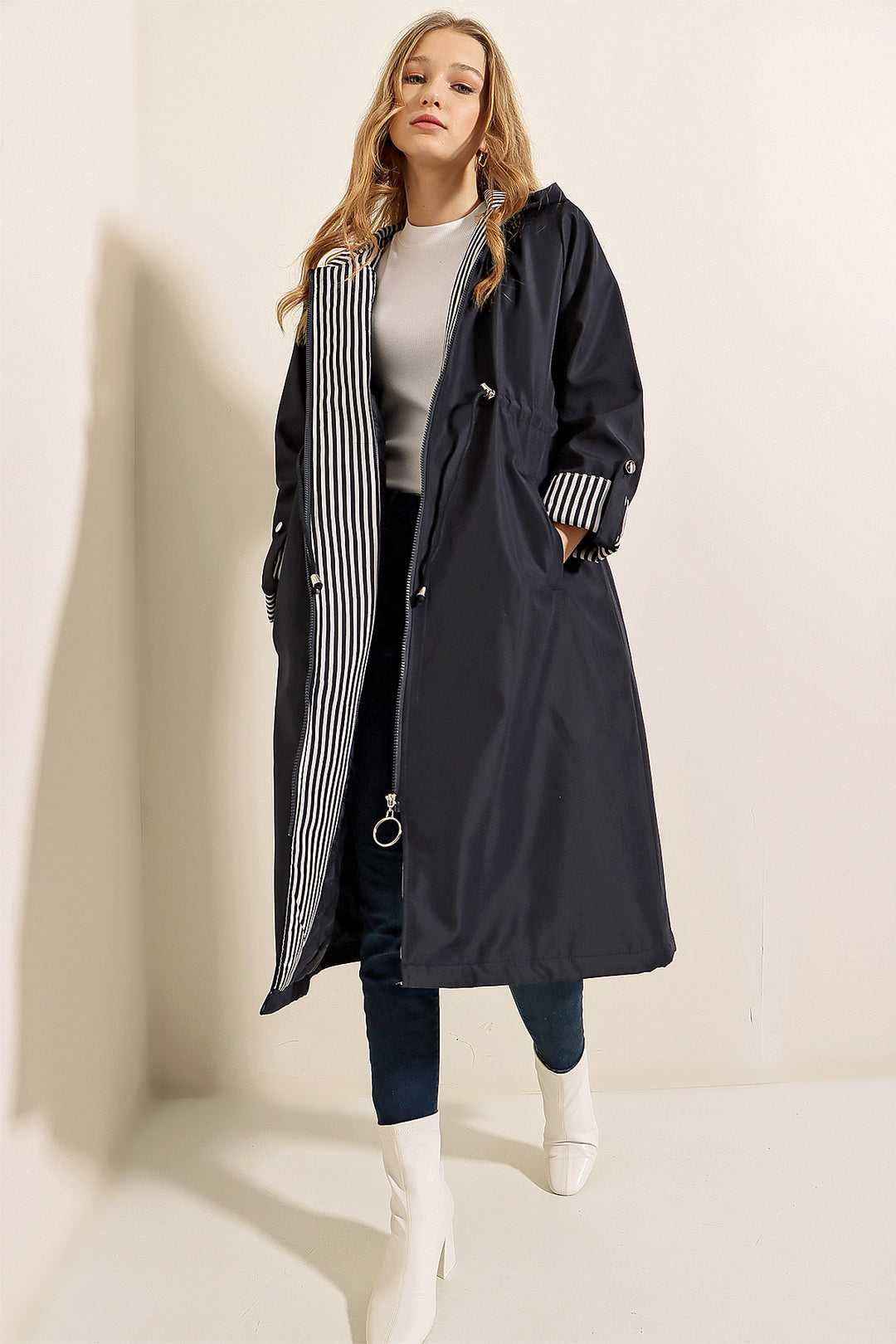 Bigdart 9091 Manteau trench à capuche avec cordon de serrage - Bleu marine