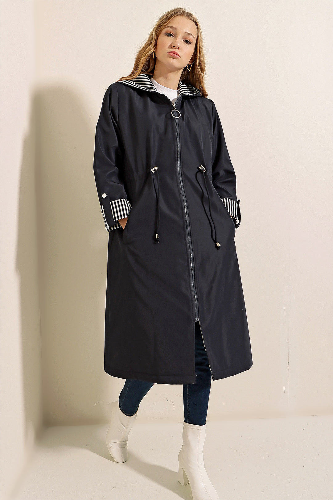 Bigdart 9091 Manteau trench à capuche avec cordon de serrage - Bleu marine