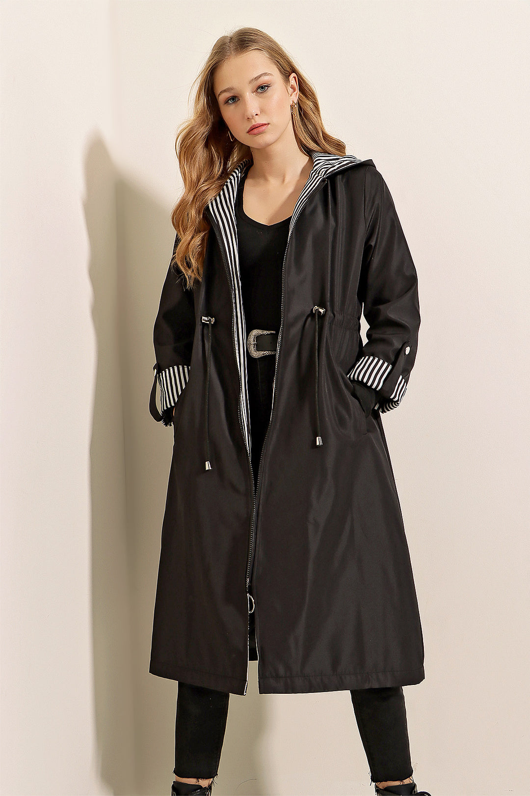 Bigdart Trench-coat à capuche avec taille froncée 9091 - Noir