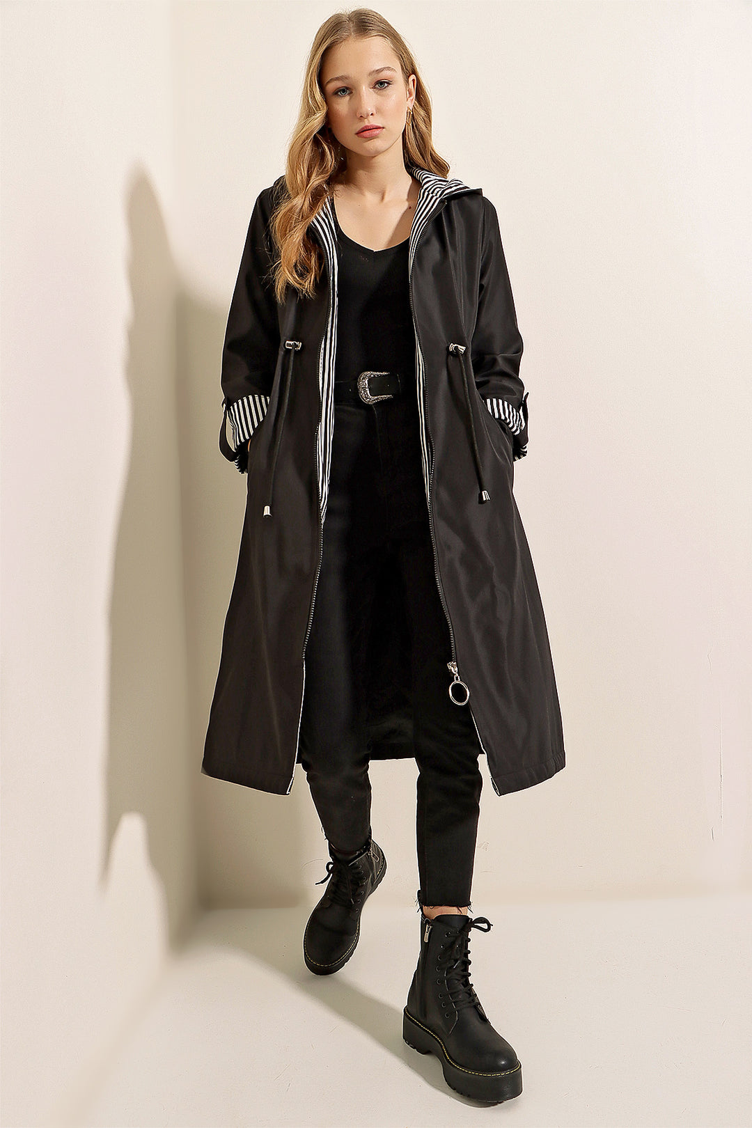 Bigdart Trench-coat à capuche avec taille froncée 9091 - Noir