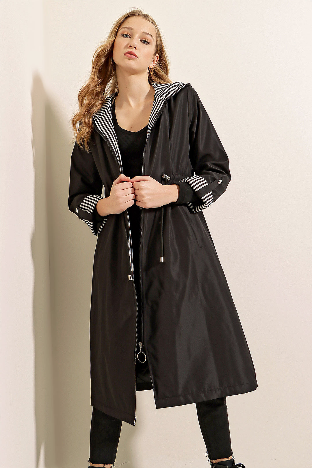 Bigdart 9091 Manteau trench à capuche avec cordon de serrage - Noir
