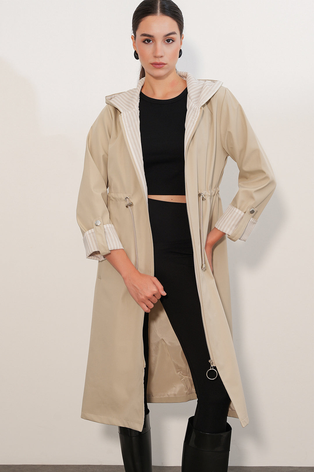 Bigdart Trench-coat à capuche avec taille froncée 9091 - Pierre