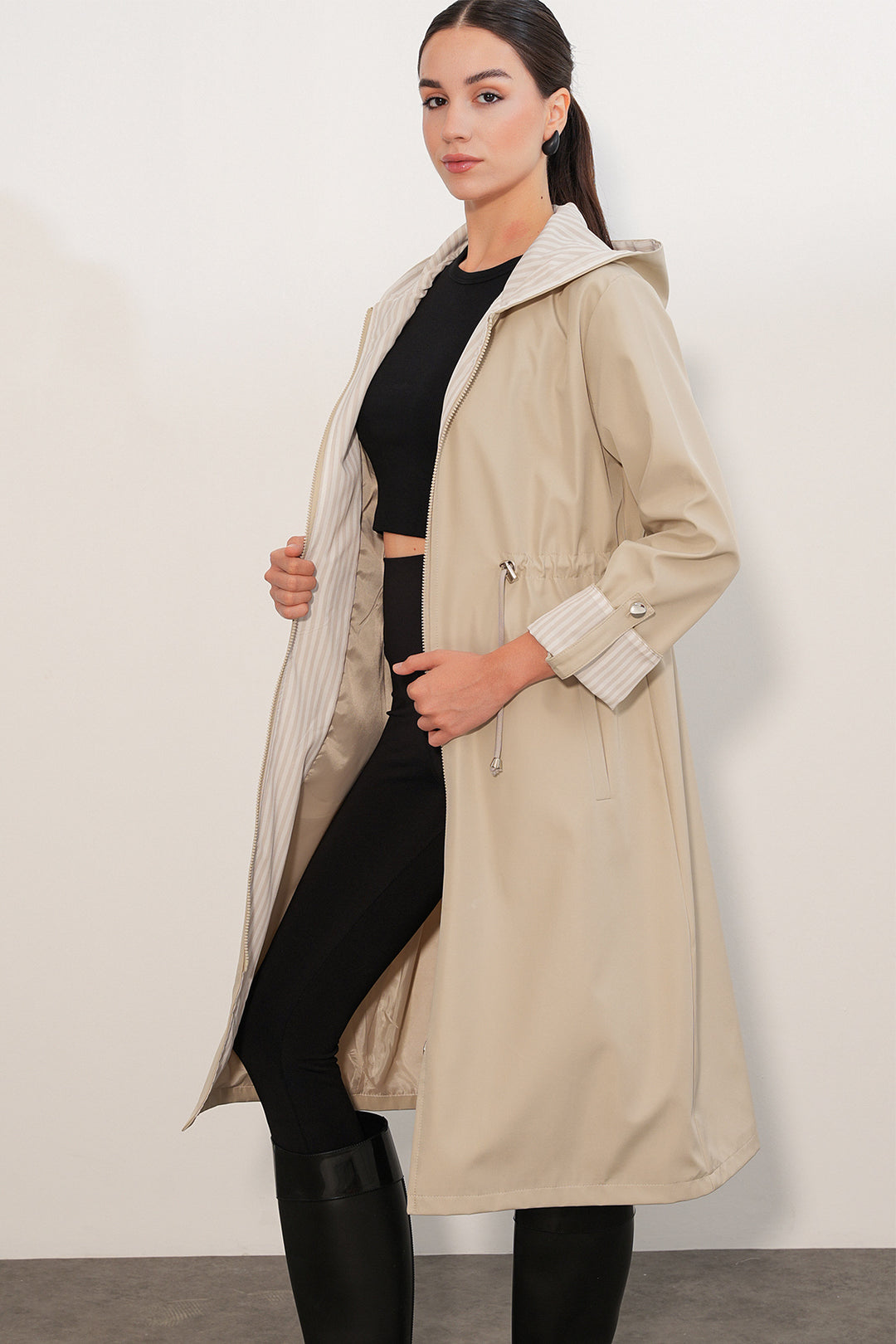 Bigdart 9091 Manteau trench à capuche avec taille froncée - Pierre