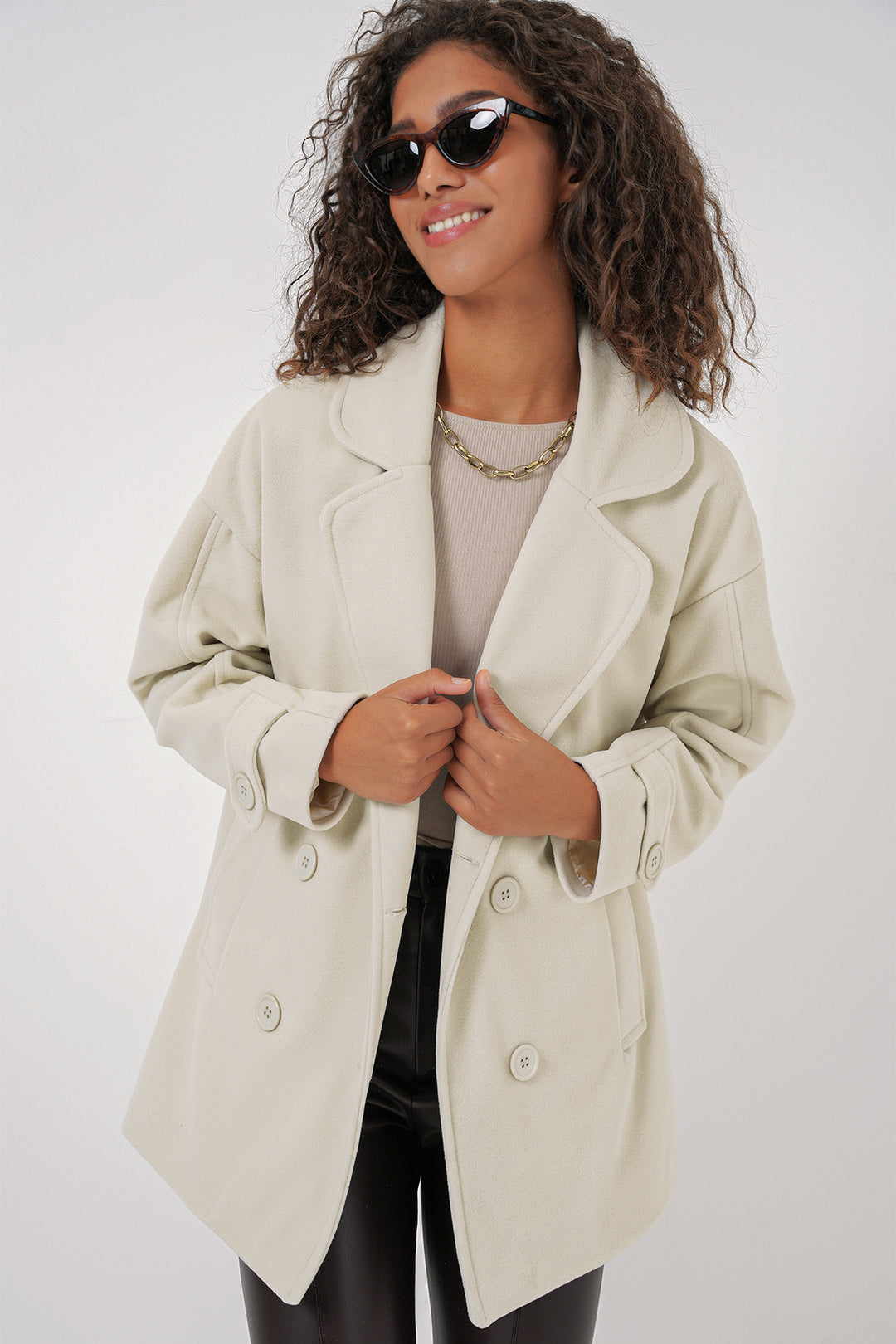 Bigdart 9143 Manteau en Laine à Col Croisé pour Femme - Crème