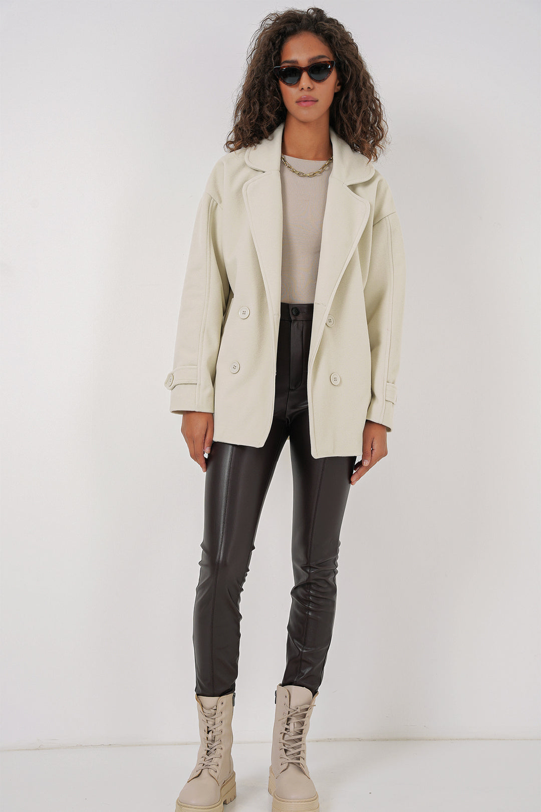 Bigdart 9143 Manteau en Laine à Col Croisé pour Femme - Crème