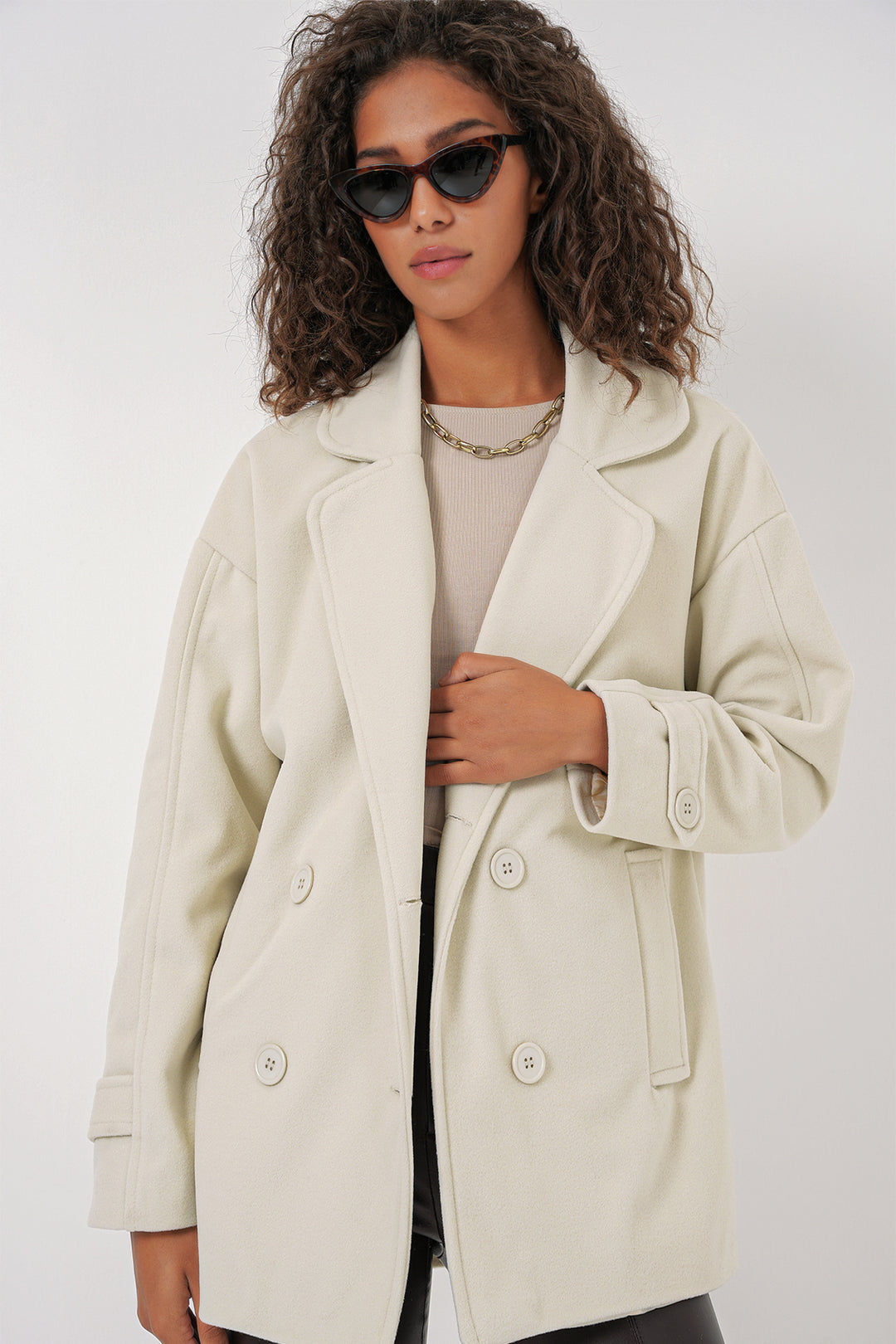 Bigdart 9143 Manteau en Laine à Col Croisé pour Femme - Crème