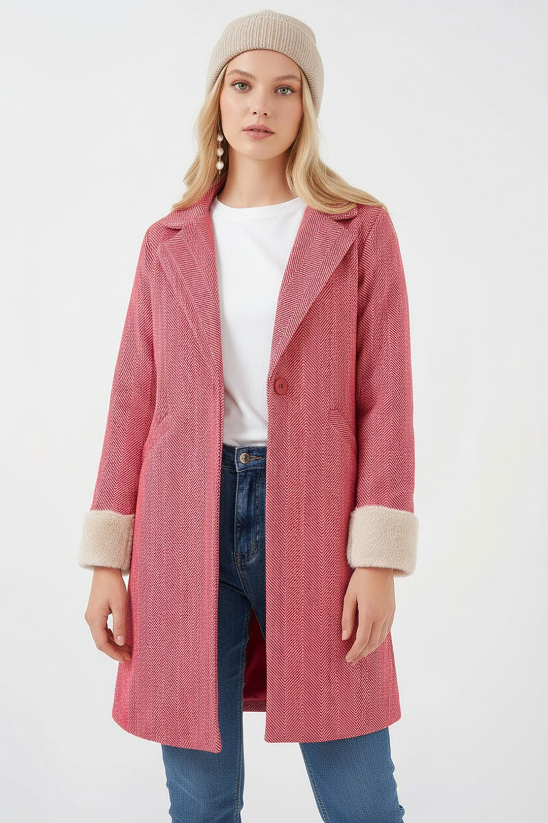 Bigdart 9145 Manteau en laine à motif chevron avec manches en plumes pour femme - Rouge