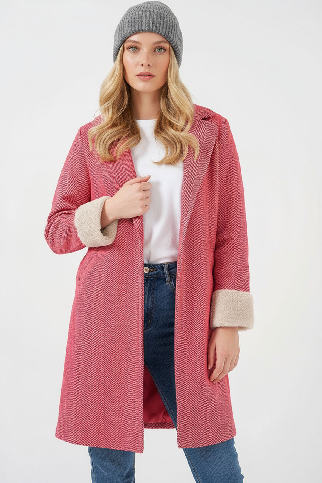 Bigdart 9145 Manteau en laine à motif chevron avec manches en plumes pour femme - Rouge