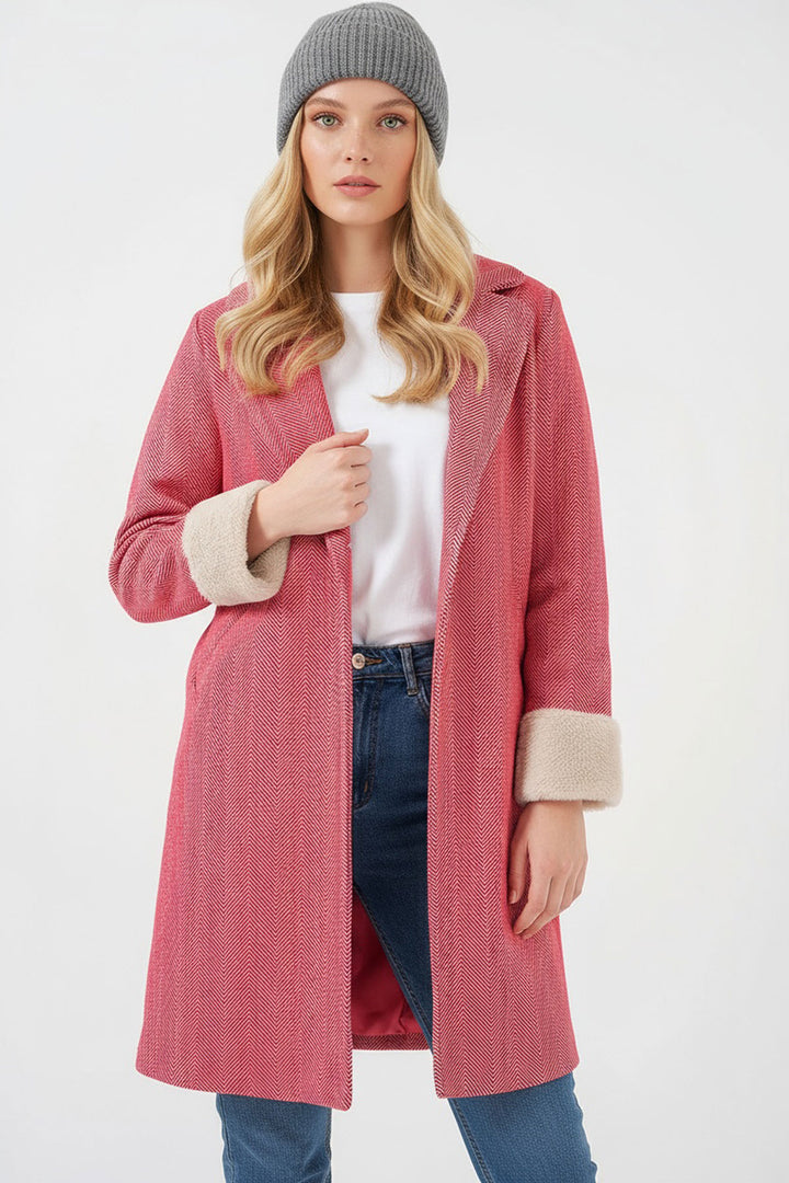 Bigdart 9145 Manteau en laine à motif chevron avec manches en plumes pour femme - Rouge