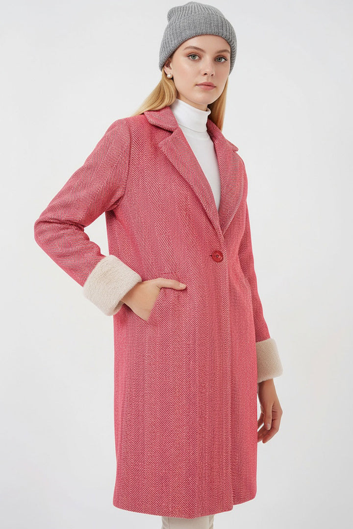 Bigdart 9145 Manteau en laine à motif chevron avec manches en plumes pour femme - Rouge