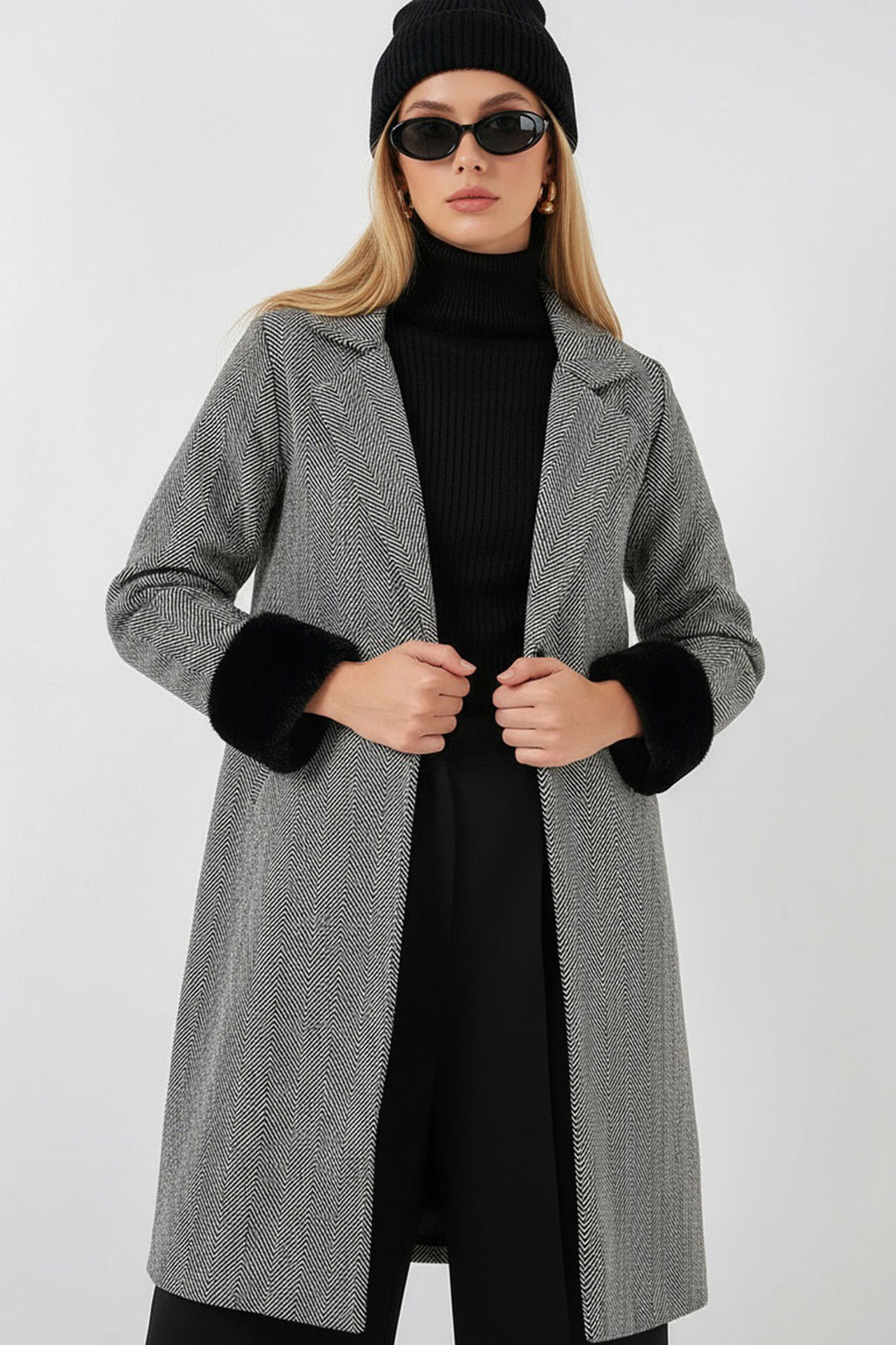Bigdart Manteau en laine à dos de poisson avec manches en fourrure femme 9145 - Noir