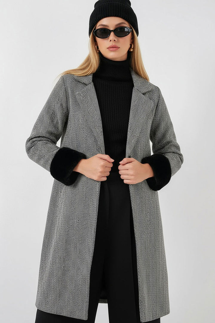 Bigdart Manteau en laine à dos de poisson avec manches en fourrure femme 9145 - Noir