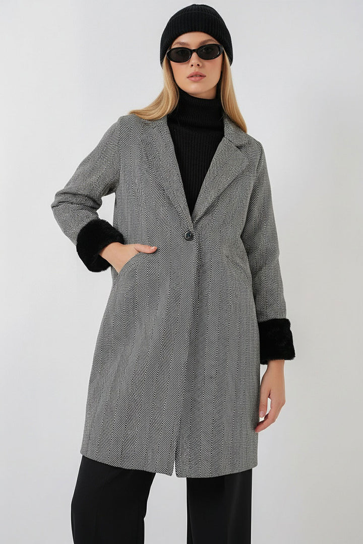 Bigdart Manteau en laine à dos de poisson avec manches en fourrure femme 9145 - Noir