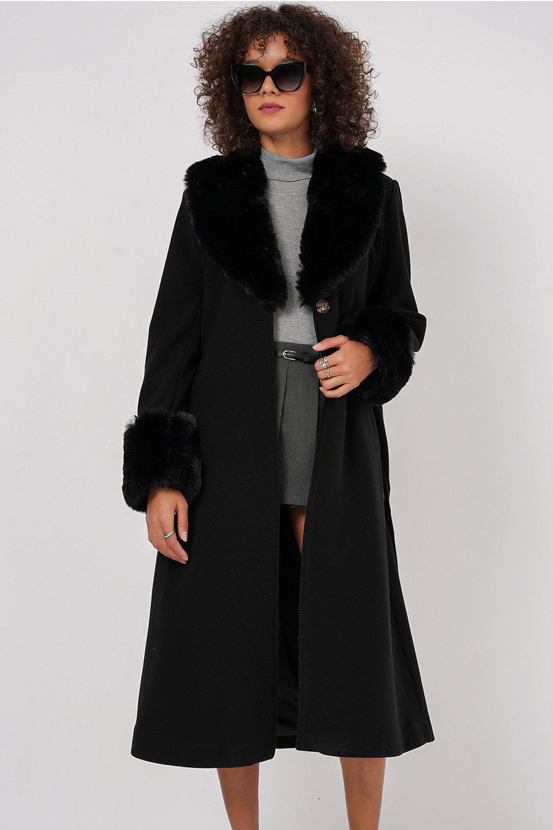Bigdart 9149 Manteau Long avec Détails en Fourrure - Noir